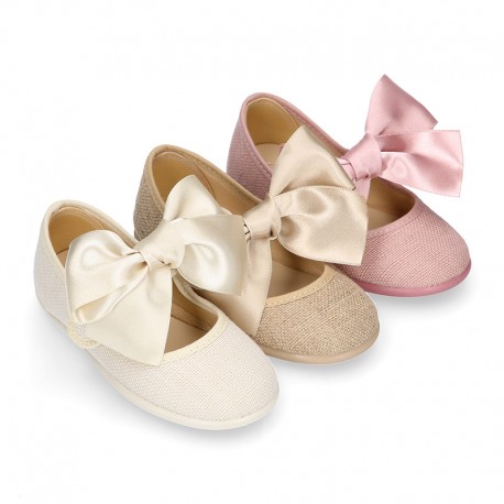 LINEN Girl Mary Jane shoes with hook and loop strap closure with BOW.