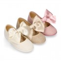 LINEN Girl Mary Jane shoes with hook and loop strap closure with BOW.