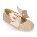 LINEN Girl Mary Jane shoes with hook and loop strap closure with BOW.