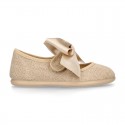 LINEN Girl Mary Jane shoes with hook and loop strap closure with BOW.