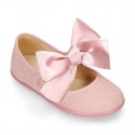 LINEN Girl Mary Jane shoes with hook and loop strap closure with BOW.