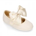 LINEN Girl Mary Jane shoes with hook and loop strap closure with BOW.