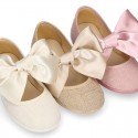 LINEN Girl Mary Jane shoes with hook and loop strap closure with BOW.