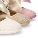 LINEN Girl Mary Jane shoes with hook and loop strap closure with BOW.