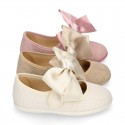 LINEN Girl Mary Jane shoes with hook and loop strap closure with BOW.