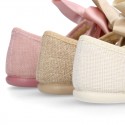 LINEN Girl Mary Jane shoes with hook and loop strap closure with BOW.