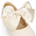 LINEN Girl Mary Jane shoes with hook and loop strap closure with BOW.