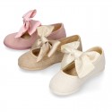 LINEN Girl Mary Jane shoes with hook and loop strap closure with BOW.