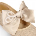 LINEN Girl Mary Jane shoes with hook and loop strap closure with BOW.