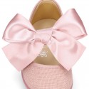 LINEN Girl Mary Jane shoes with hook and loop strap closure with BOW.