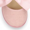 LINEN Girl Mary Jane shoes with hook and loop strap closure with BOW.