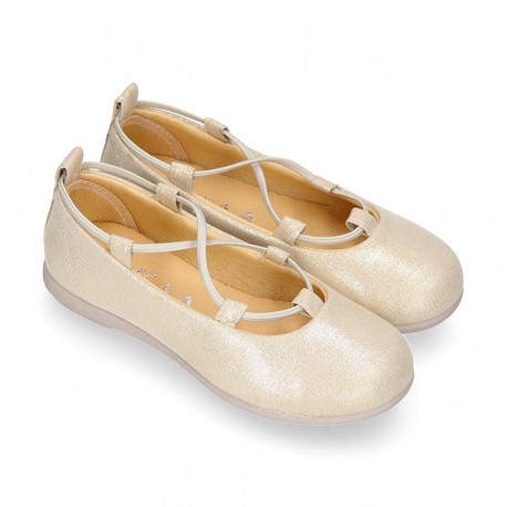GOLD Canvas Girl Ballet flats with crossed elastic bands.
