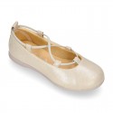 GOLD Canvas Girl Ballet flats with crossed elastic bands.