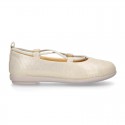 GOLD Canvas Girl Ballet flats with crossed elastic bands.