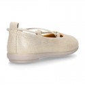 GOLD Canvas Girl Ballet flats with crossed elastic bands.