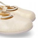 GOLD Canvas Girl Ballet flats with crossed elastic bands.