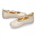 GOLD Canvas Girl Ballet flats with crossed elastic bands.