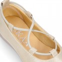 GOLD Canvas Girl Ballet flats with crossed elastic bands.