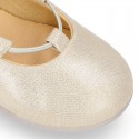 GOLD Canvas Girl Ballet flats with crossed elastic bands.