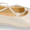 GOLD Canvas Girl Ballet flats with crossed elastic bands.