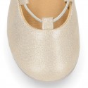 GOLD Canvas Girl Ballet flats with crossed elastic bands.