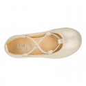 GOLD Canvas Girl Ballet flats with crossed elastic bands.