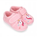 Terry cloth cotton Home shoes with UNICORNS design and hook and loop strap closure.