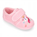 Terry cloth cotton Home shoes with UNICORNS design and hook and loop strap closure.