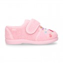 Terry cloth cotton Home shoes with UNICORNS design and hook and loop strap closure.