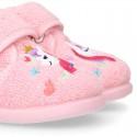 Terry cloth cotton Home shoes with UNICORNS design and hook and loop strap closure.