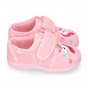 Terry cloth cotton Home shoes with UNICORNS design and hook and loop strap closure.