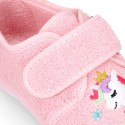 Terry cloth cotton Home shoes with UNICORNS design and hook and loop strap closure.