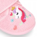 Terry cloth cotton Home shoes with UNICORNS design and hook and loop strap closure.