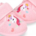 Terry cloth cotton Home shoes with UNICORNS design and hook and loop strap closure.