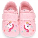 Terry cloth cotton Home shoes with UNICORNS design and hook and loop strap closure.