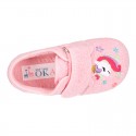 Terry cloth cotton Home shoes with UNICORNS design and hook and loop strap closure.