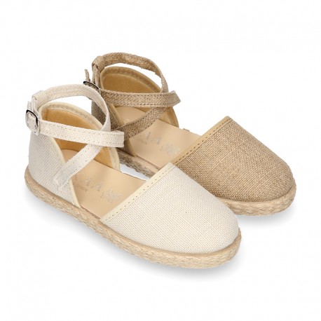 CEREMONY girl Linen canvas espadrille shoes with crossed straps design.