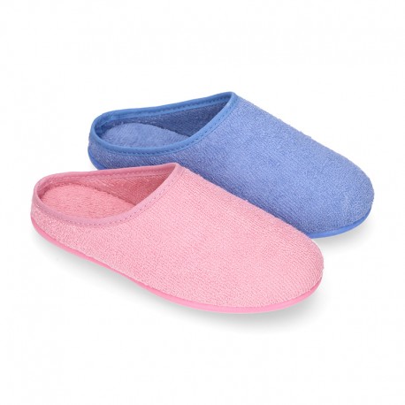 Terry cloth Kids Home shoes with open heel design CLOG style.