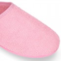 Terry cloth Kids Home shoes with open heel design CLOG style.