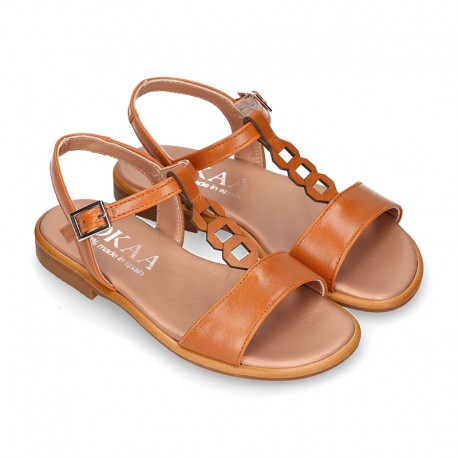 TAN Nappa Leather Girl T-Strap Sandal shoes with rings design.