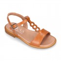 TAN Nappa Leather Girl T-Strap Sandal shoes with rings design.