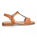 TAN Nappa Leather Girl T-Strap Sandal shoes with rings design.