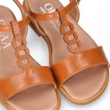 TAN Nappa Leather Girl T-Strap Sandal shoes with rings design.