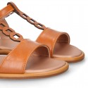 TAN Nappa Leather Girl T-Strap Sandal shoes with rings design.