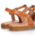 TAN Nappa Leather Girl T-Strap Sandal shoes with rings design.