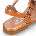 TAN Nappa Leather Girl T-Strap Sandal shoes with rings design.