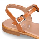 TAN Nappa Leather Girl T-Strap Sandal shoes with rings design.