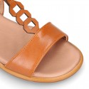 TAN Nappa Leather Girl T-Strap Sandal shoes with rings design.