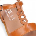 TAN Nappa Leather Girl T-Strap Sandal shoes with rings design.