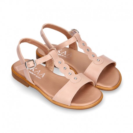 NUDE Nappa Leather Girl T Strap Sandal shoes with CRYSTALS design